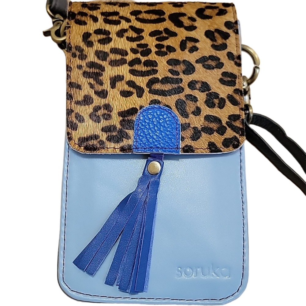 Soruka Gia Blue & Leopard Print Upcycled Leather Crossbody Bag OOAK NWT